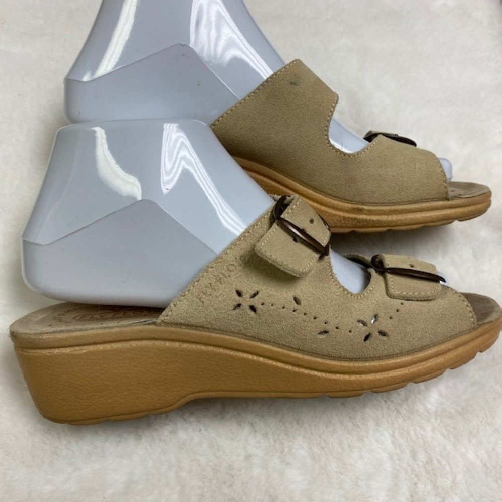 Fly Flot Tan Suede Double Buckle Slip On Wedge Sandals US 5 EUโ 36